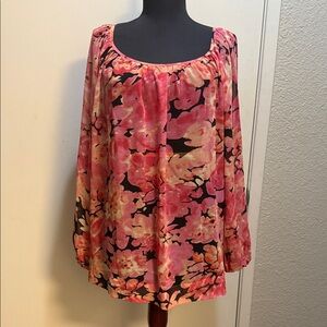CAbi Pink and Black Floral Blouse